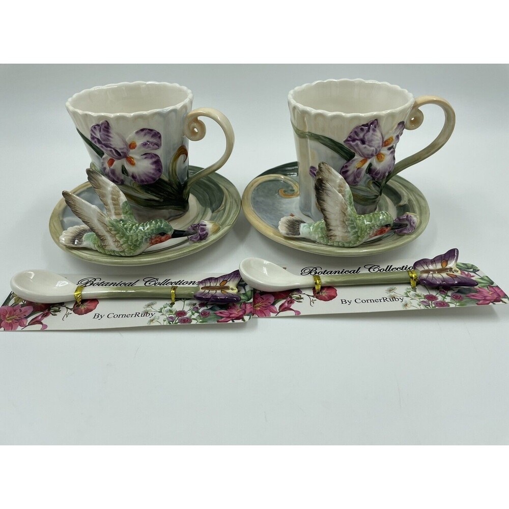 2-PC CORNER RUBY BOTANICAL COLLECTION COLIBRI TEA CUP  W BUTTERFLY SPOON SET N06